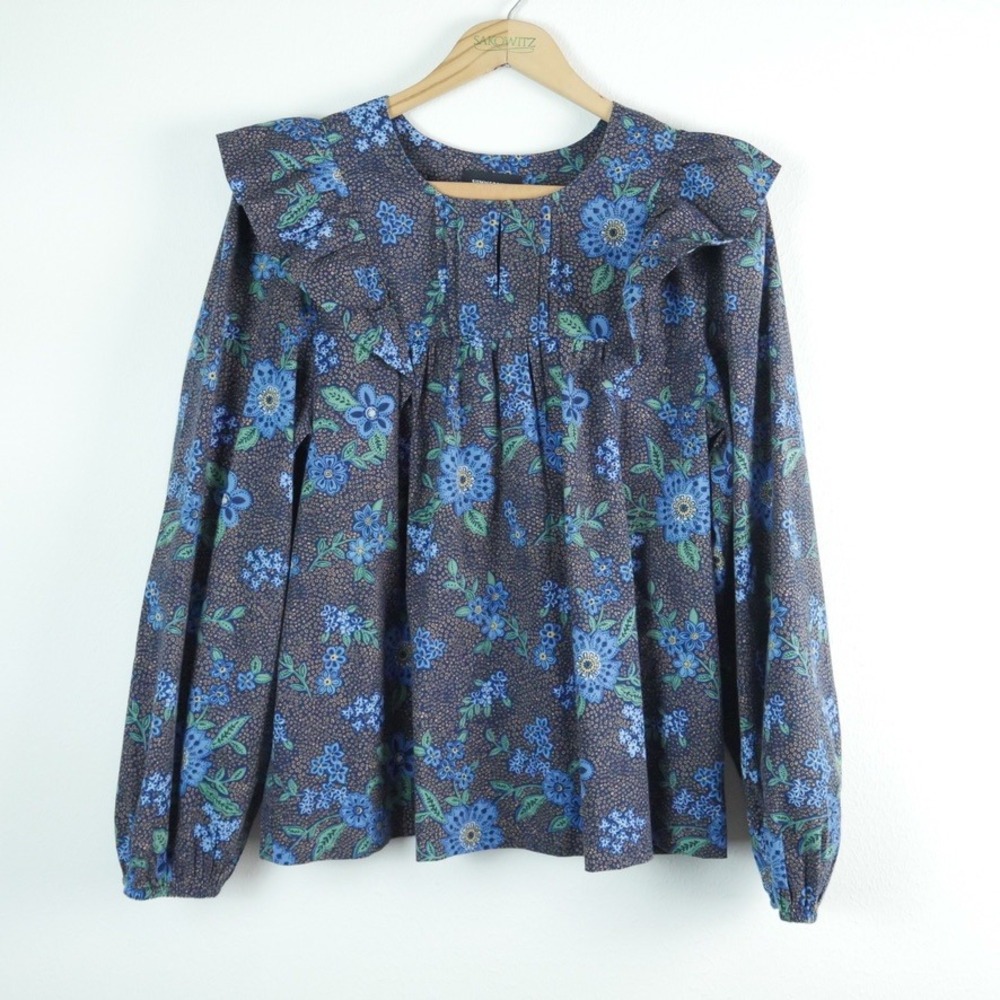 Summersalt Countryside Poplin Ruffle Blouse Blue Floral Pintuck Cottagecore M